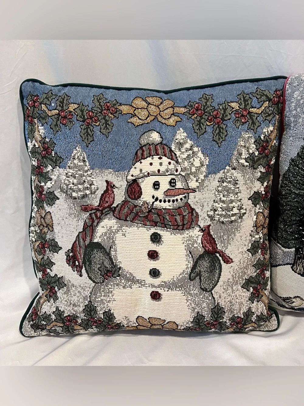Set of 2 Christmas Tapestry Throw Pillows Santa Snowman